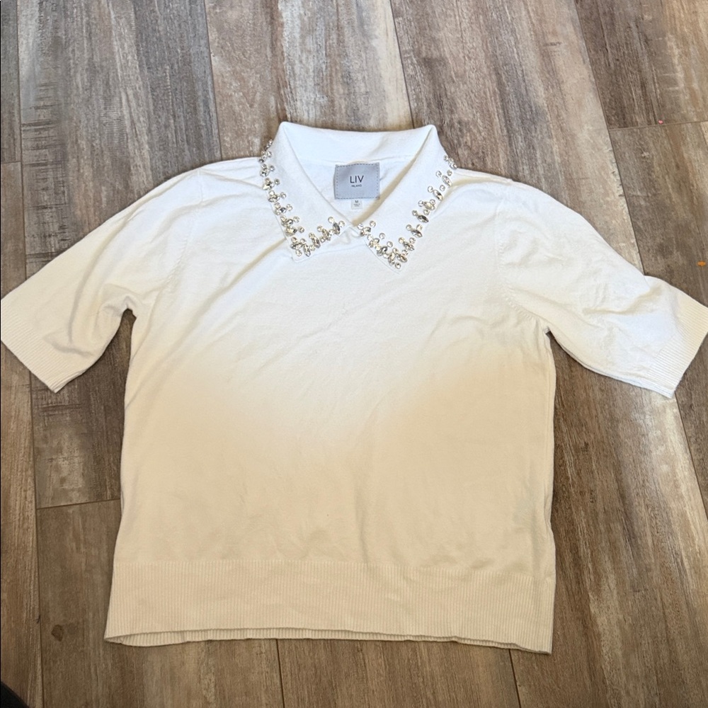 LIV White Short‎ Sleeve Top with Embellished Collar